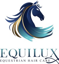 Logo of Equilux Equestrian Hair Care with a stylized horse head design.